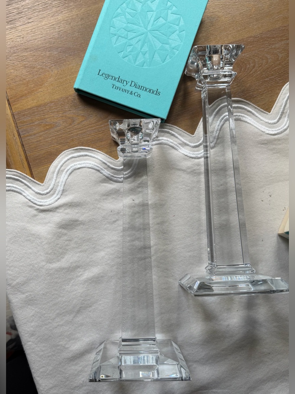 Tiffany & Co Crystal 10” Column Candlesticks • Pair